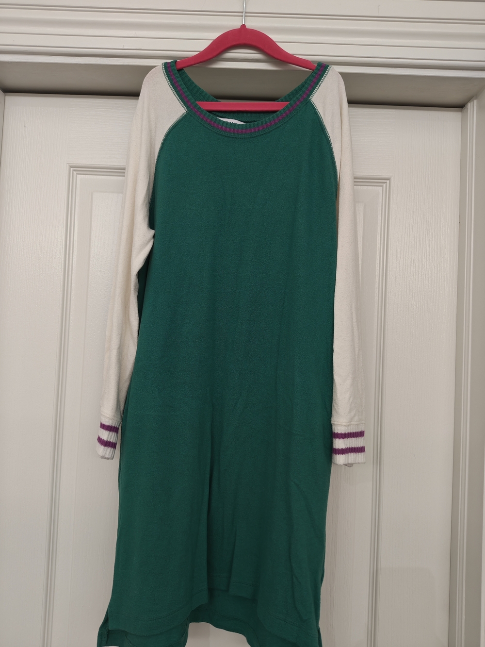 Old Navy Green Raglan Dress with Cream Sleeves and Purple Trim